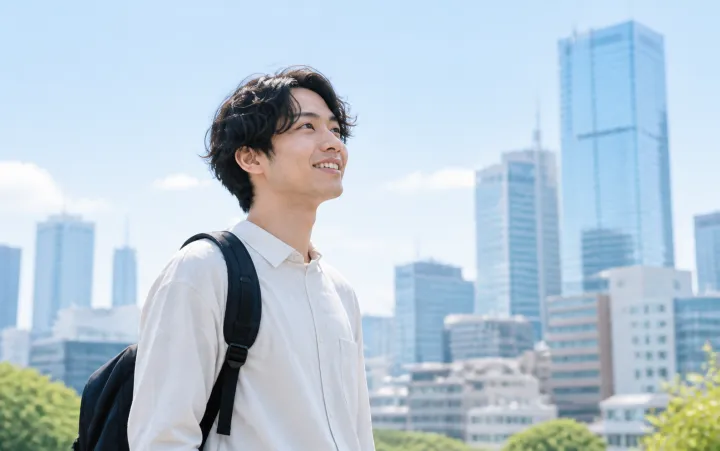 街で笑顔の男子学生
