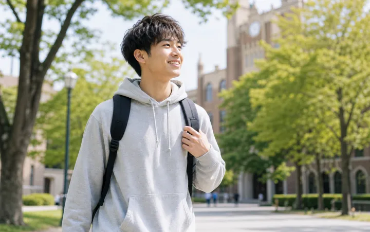 キャンパスを歩く男子学生